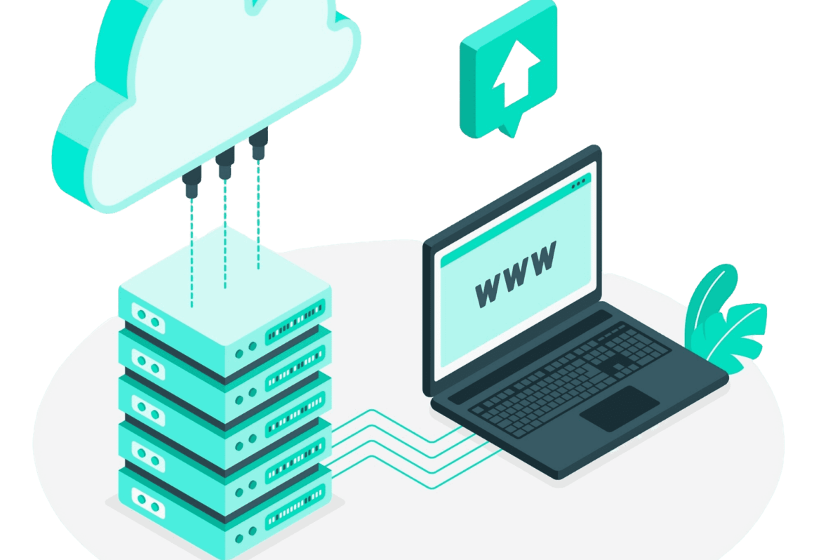 Standard Hosting in the form of a laptop, displaying a website. The Laptop is connected to a server with a cloud icon hanging above it.