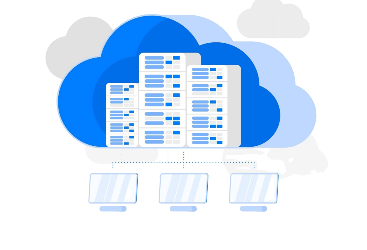 three laptops in front of three large servers with a cloud background representing standard hosting