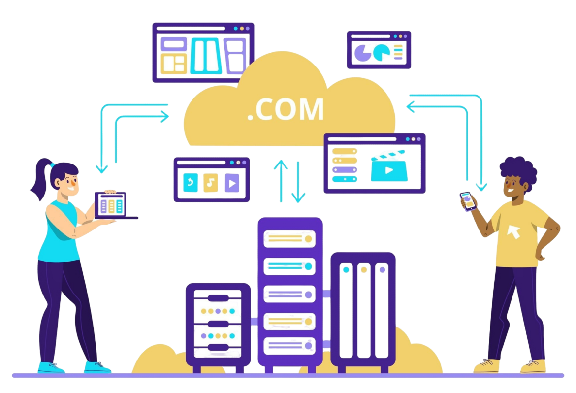 abstract creative illustration of standard hosting with 2 people and 3 servers and multiple screens connected with arrows to a cloud